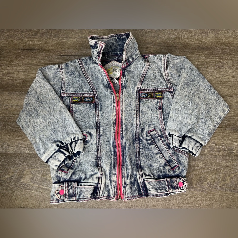 Vintage 80s 90s Acid Wash Denim Jean Jacket Rainbow Connection Coat Youth 6x